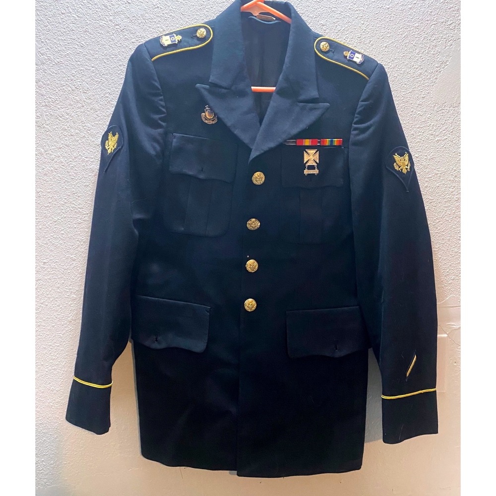 US Army Dress Uniform Jacket Women's XS Blue Gold Trim‎ Insignia Patches Ribbons
